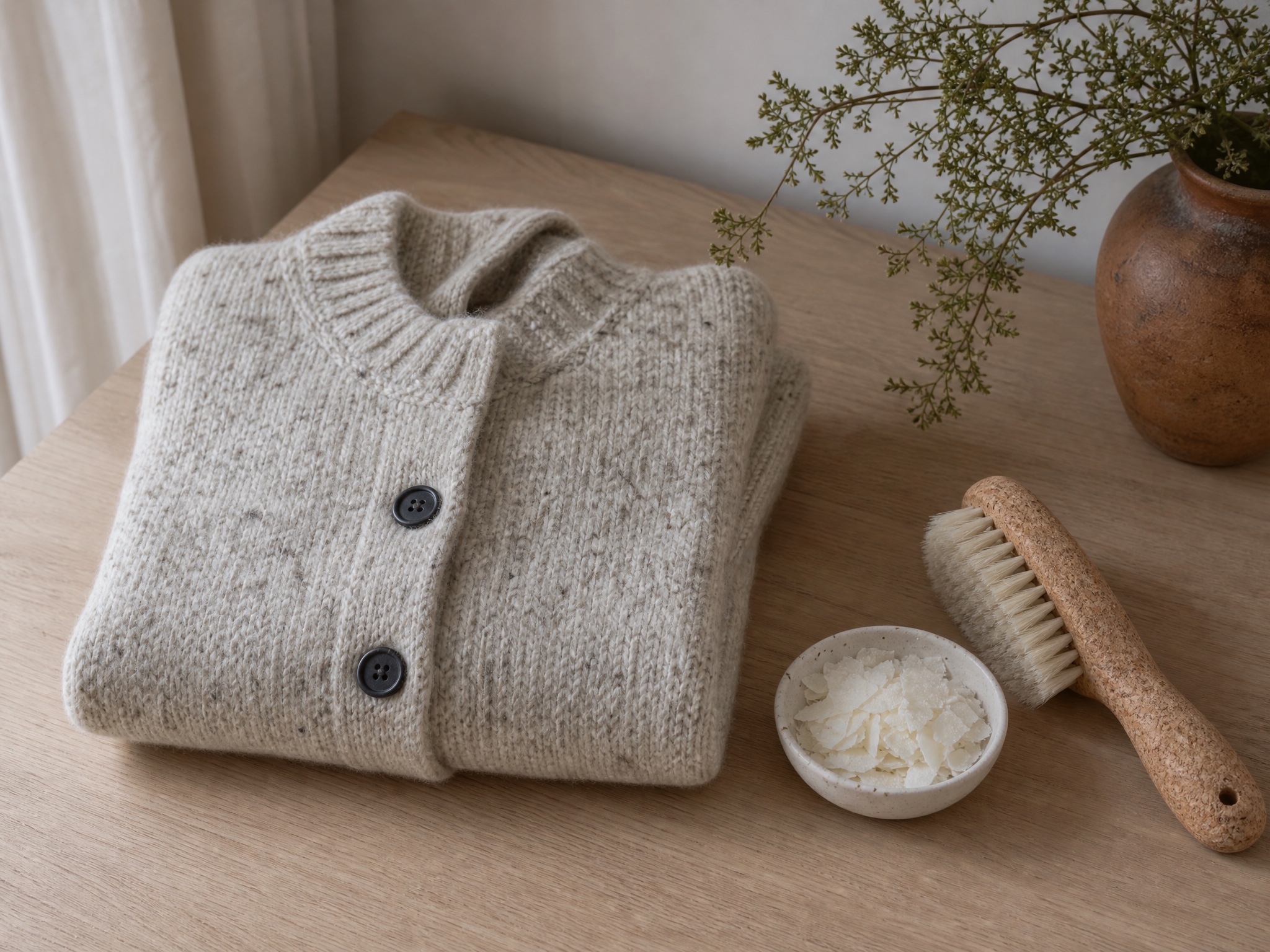 A folded lambswool jumper beside wool detergent flakes and a garment brush