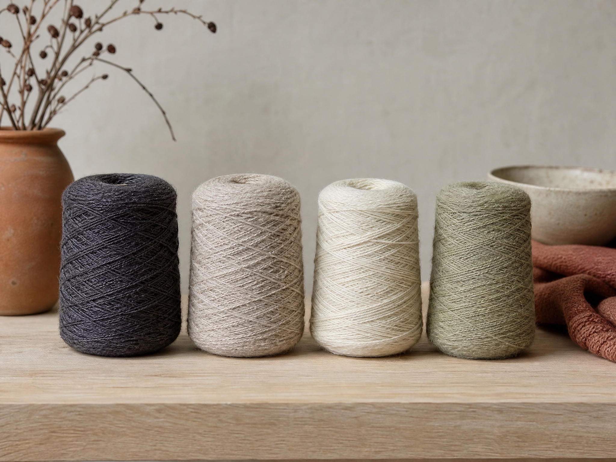 Four cones of yarn in merino, lambswool, cotton and bamboo viscose