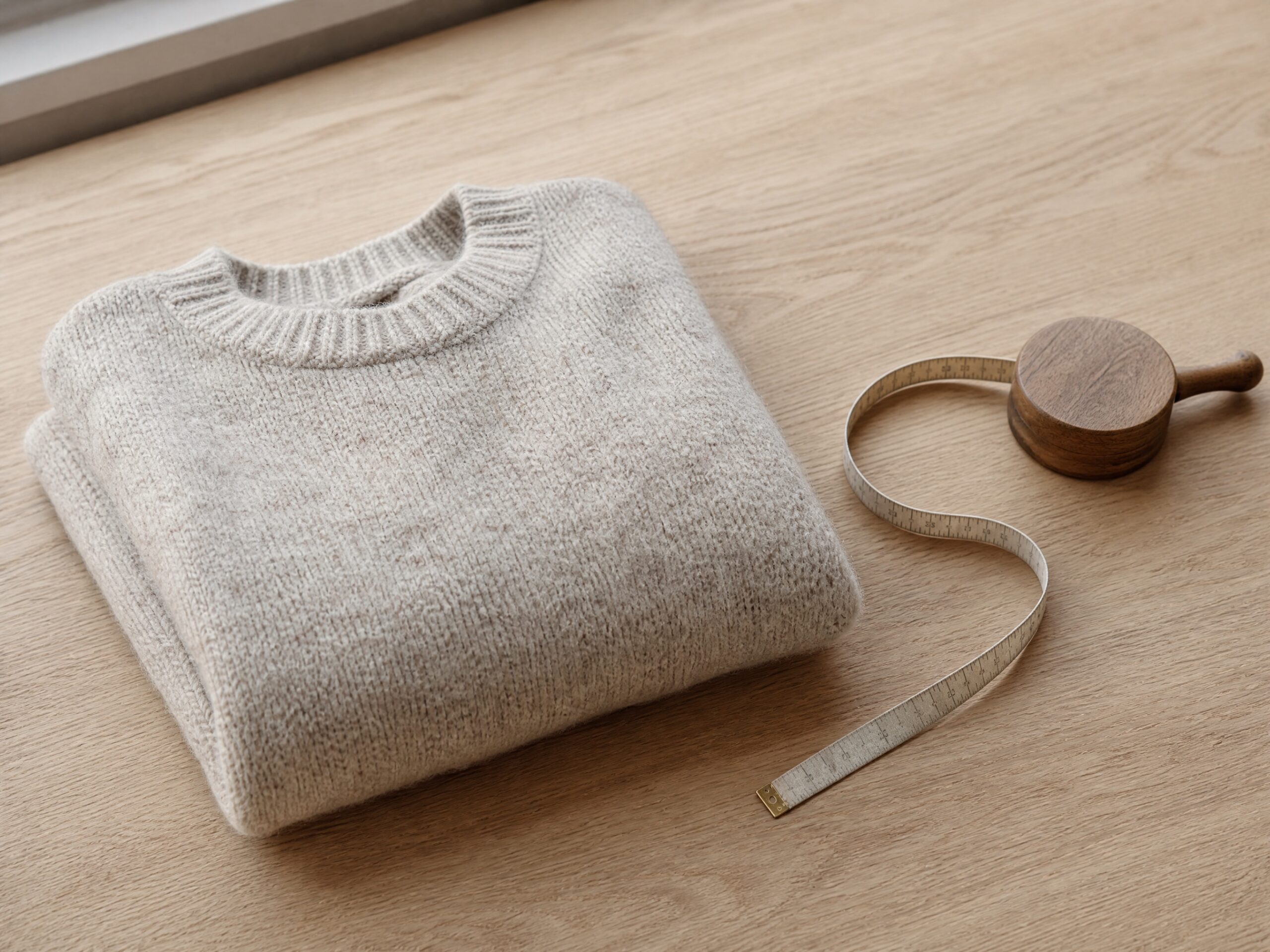 A folded ribbed knitted sock beside an uncoiled cloth tape measure
