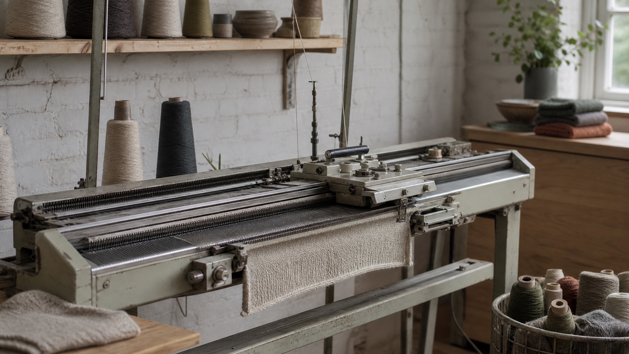 Circular knitting machines with cones of yarn in a British knitting workshop
