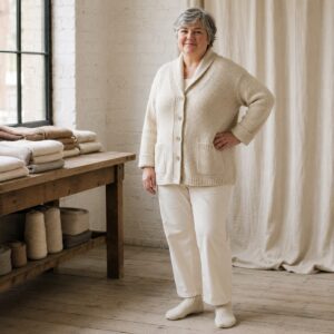 Halstead Shawl Collar Cardigan — worn, seen from the front (Cardigans).