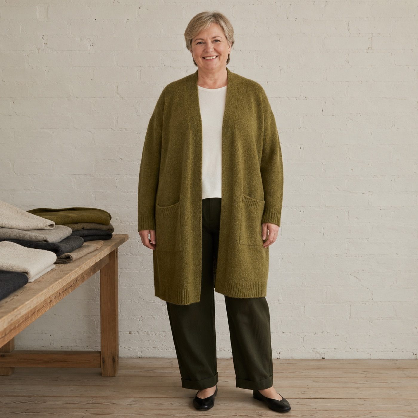 Berkswell Longline Cardigan — worn, seen from the front (Cardigans).