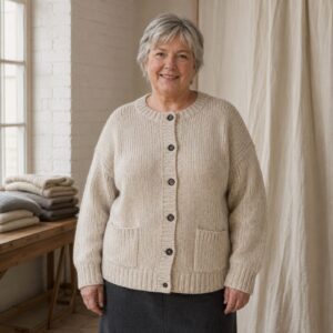 Wren Chunky Knit Cardigan — worn, seen from the front (Cardigans).