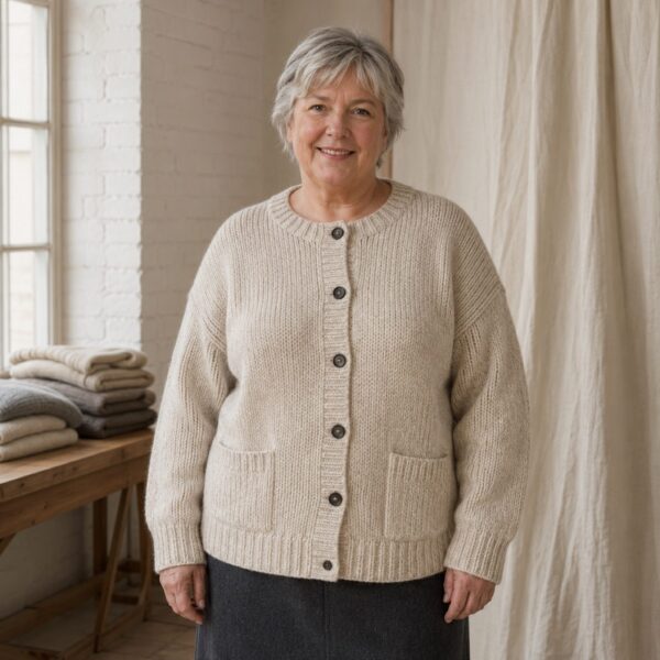 Wren Chunky Knit Cardigan — worn, seen from the front (Cardigans).