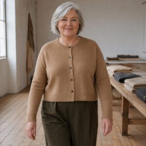 Nether Cropped Cardigan — Cardigans by WOOL BARN. worn by a model.