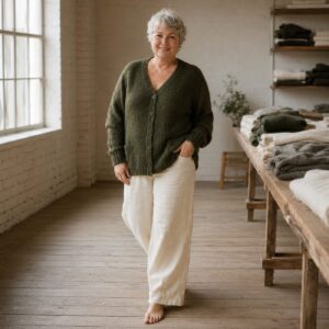 Thornby Chunky Knit Cardigan — worn, seen from the front (Cardigans).