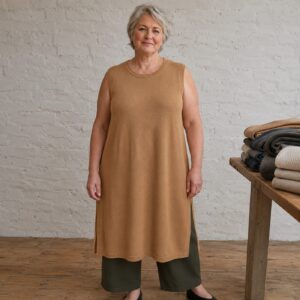 Hartley Sleeveless Knit Dress — Knitted Dresses by WOOL BARN. worn by a model.