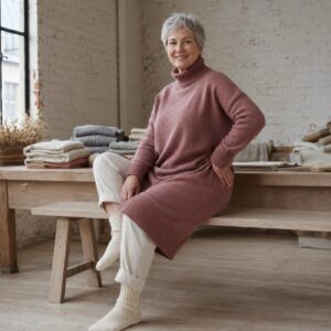 Sedge Roll Neck Knit Dress — Knitted Dresses by WOOL BARN. worn by a model.