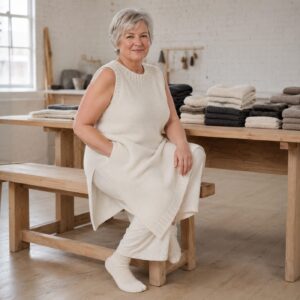 Marlow Sleeveless Knit Dress — Knitted Dresses by WOOL BARN. worn by a model.