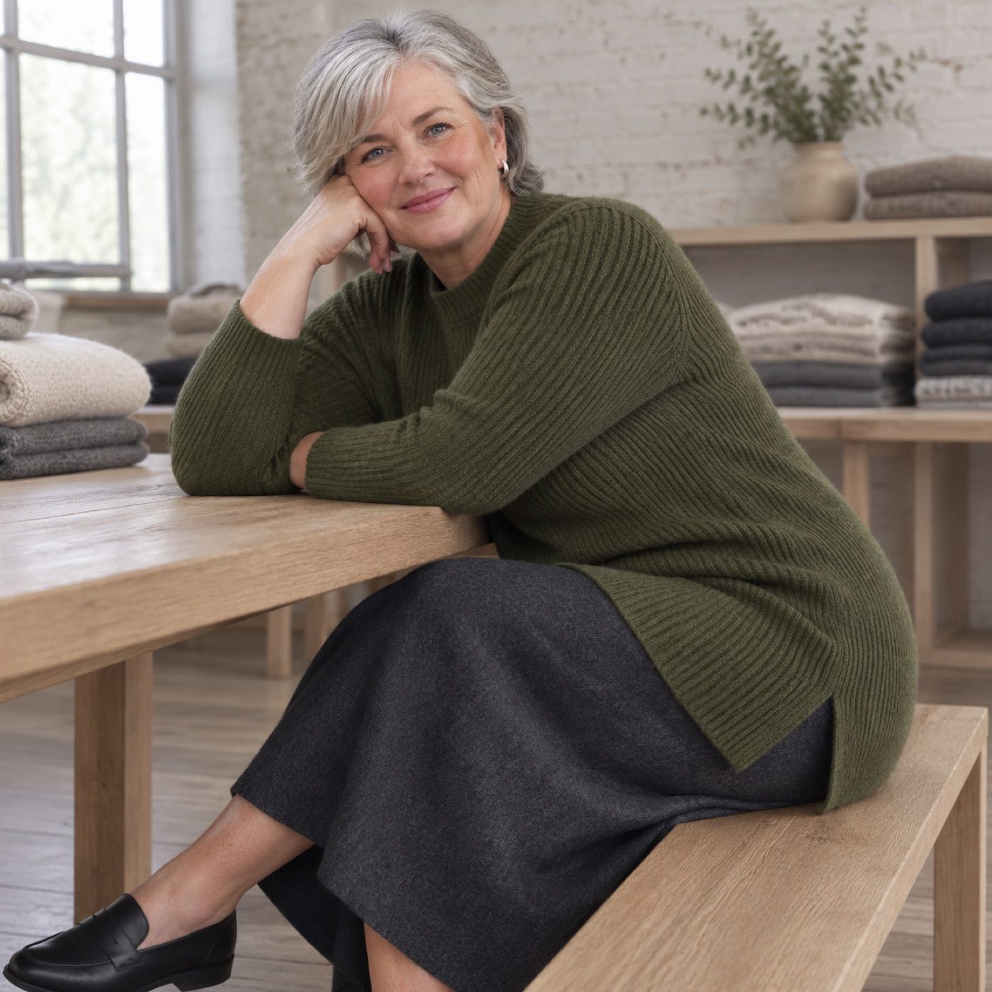 Rowan Rib Knit Dress — Knitted Dresses by WOOL BARN. worn by a model.