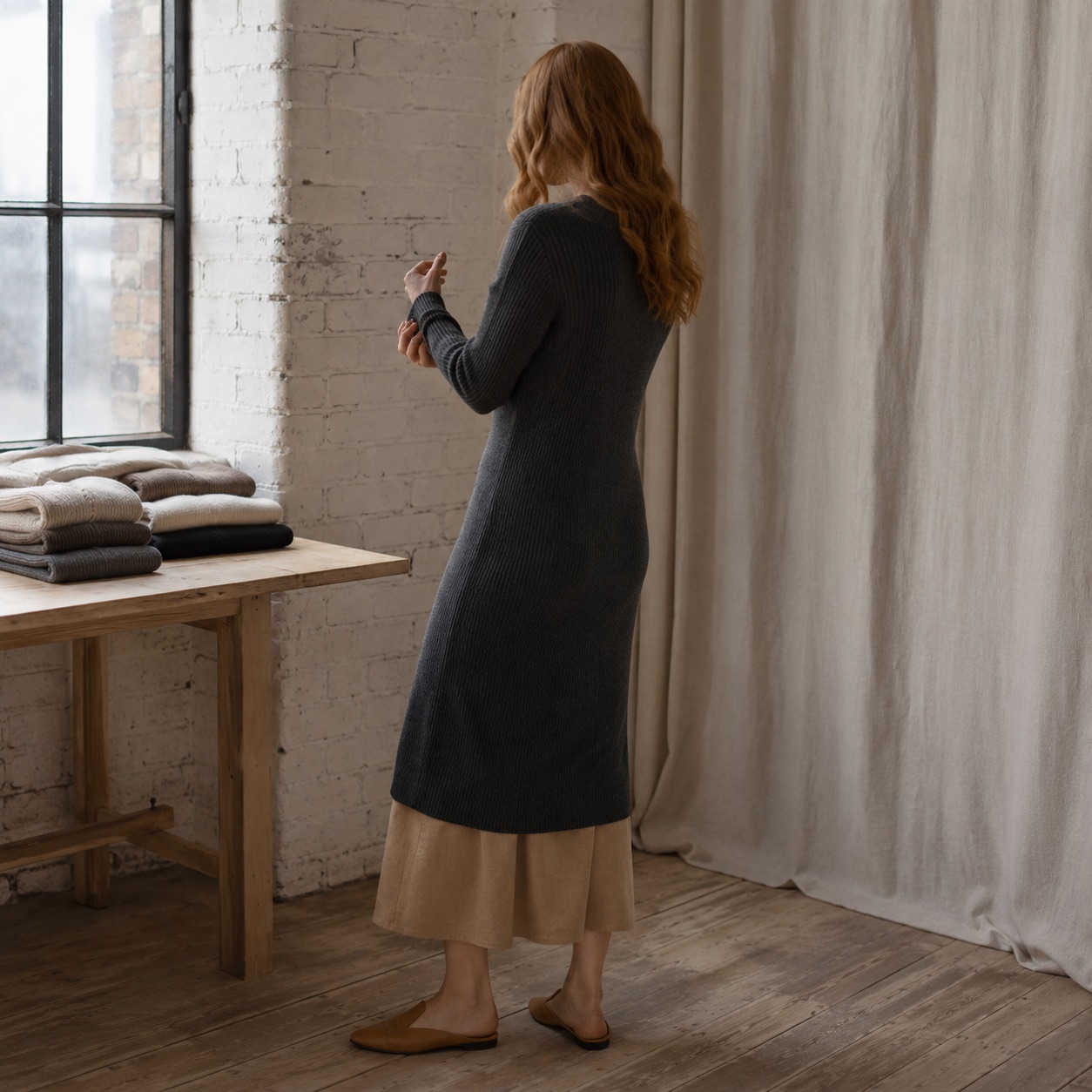Linden Rib Knit Dress — Knitted Dresses by WOOL BARN. worn by a model.