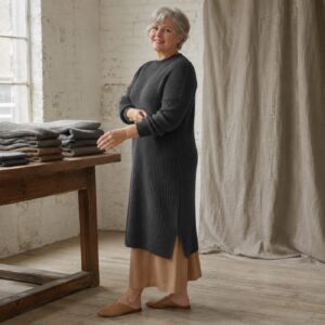 Linden Rib Knit Dress — Knitted Dresses by WOOL BARN. worn by a model.