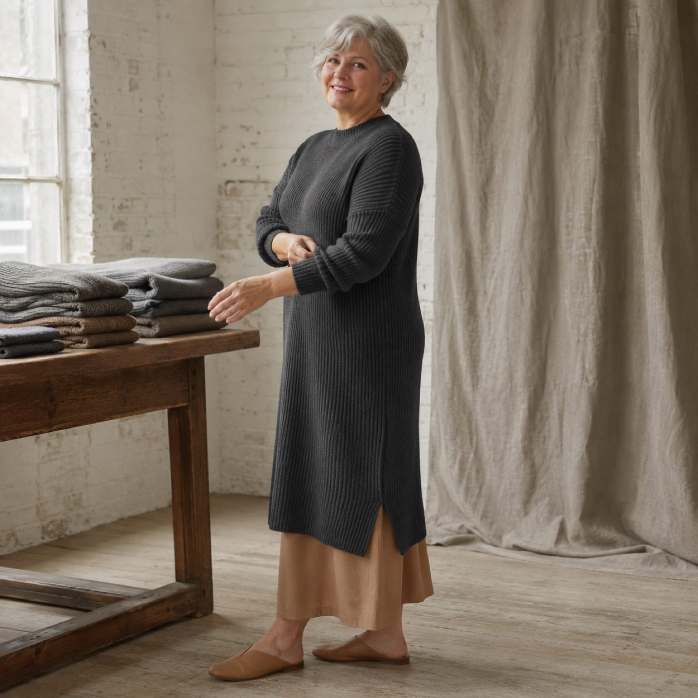 Berkswell Rib Knit Dress — worn, seen from the front (Knitted Dresses).