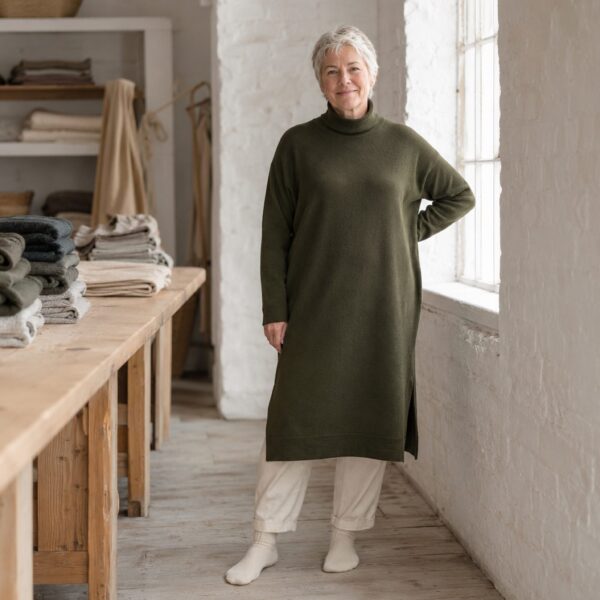 Wren Roll Neck Knit Dress — worn, seen from the front (Knitted Dresses).