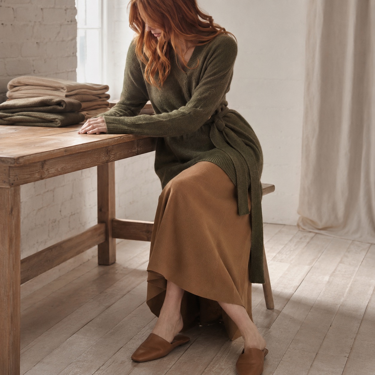 Nether Belted Knit Dress — Knitted Dresses by WOOL BARN. worn by a model.
