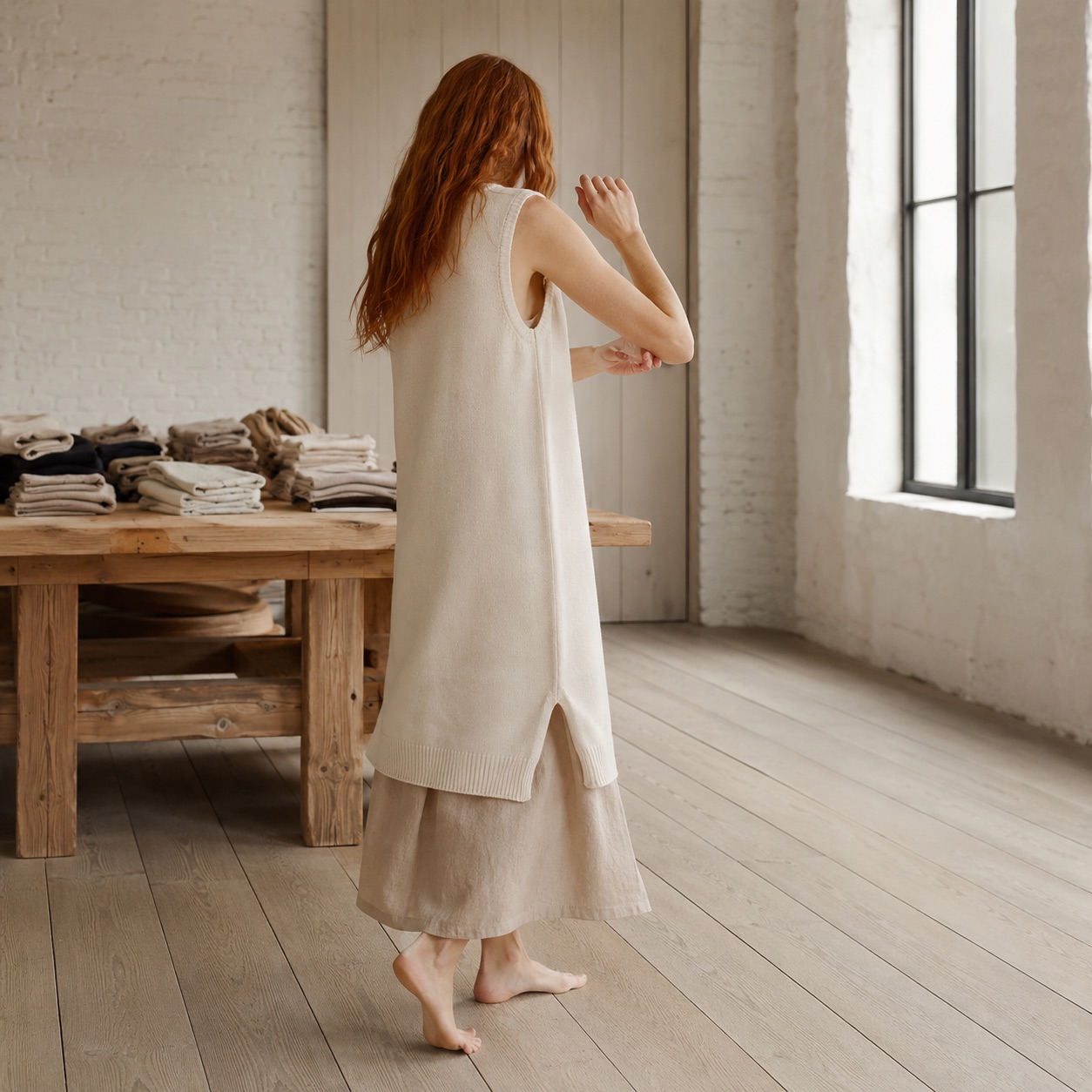 Orsett Sleeveless Knit Dress — Knitted Dresses by WOOL BARN. worn by a model.