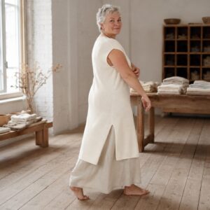 Orsett Sleeveless Knit Dress — Knitted Dresses by WOOL BARN. worn by a model.