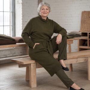 Quarry Belted Knit Dress — Knitted Dresses by WOOL BARN. worn by a model.