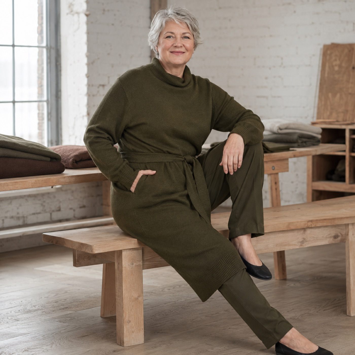 Quarry Belted Knit Dress — Knitted Dresses by WOOL BARN. worn by a model.