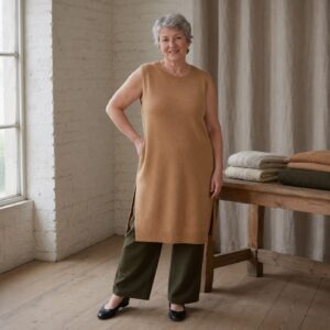 Thornby Sleeveless Knit Dress — Knitted Dresses by WOOL BARN. worn by a model.
