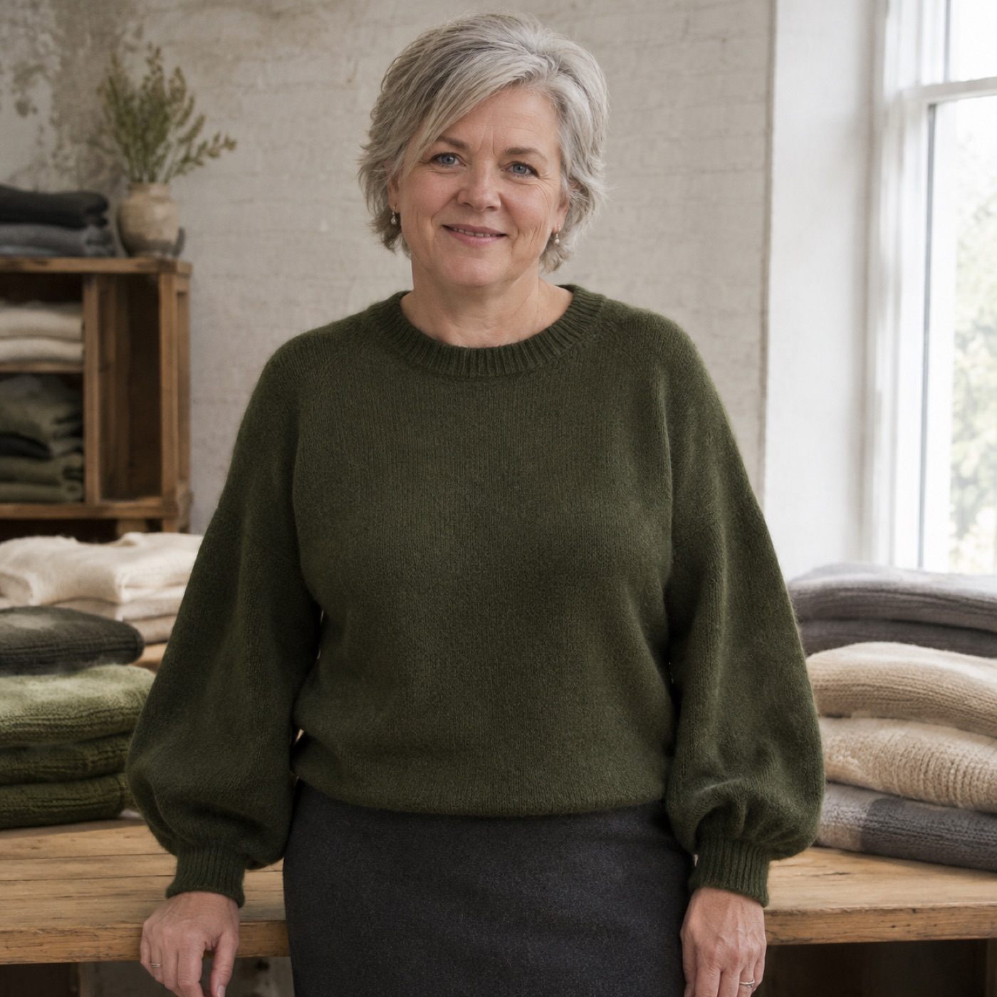 Berkswell Balloon Sleeve Jumper — worn, seen from the front (Jumpers).