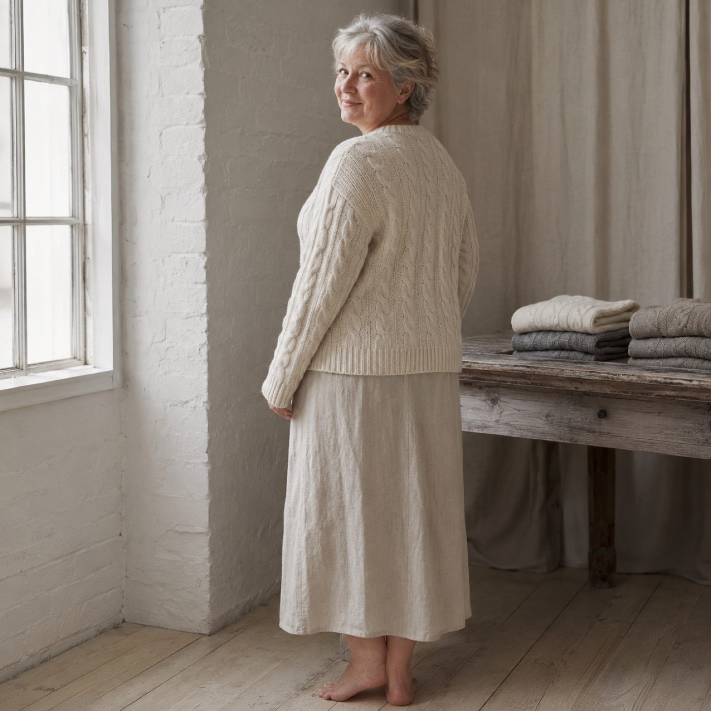 Hartley Cable Knit Jumper — worn, side (Jumpers).