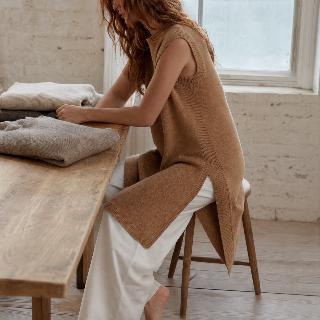 Nether Longline Knit Vest — Knitted Vests by WOOL BARN. worn by a model.