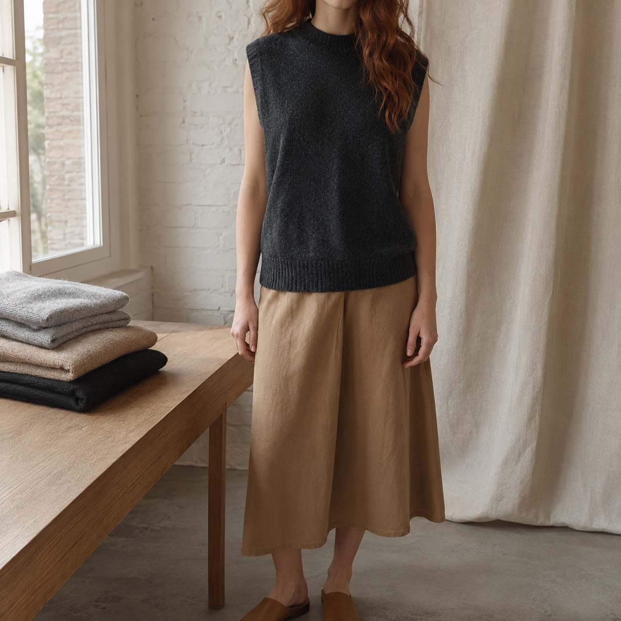 Kelmscott Sleeveless Knit Vest — Knitted Vests by WOOL BARN. worn by a model.