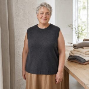 Kelmscott Sleeveless Knit Vest — Knitted Vests by WOOL BARN. worn by a model.