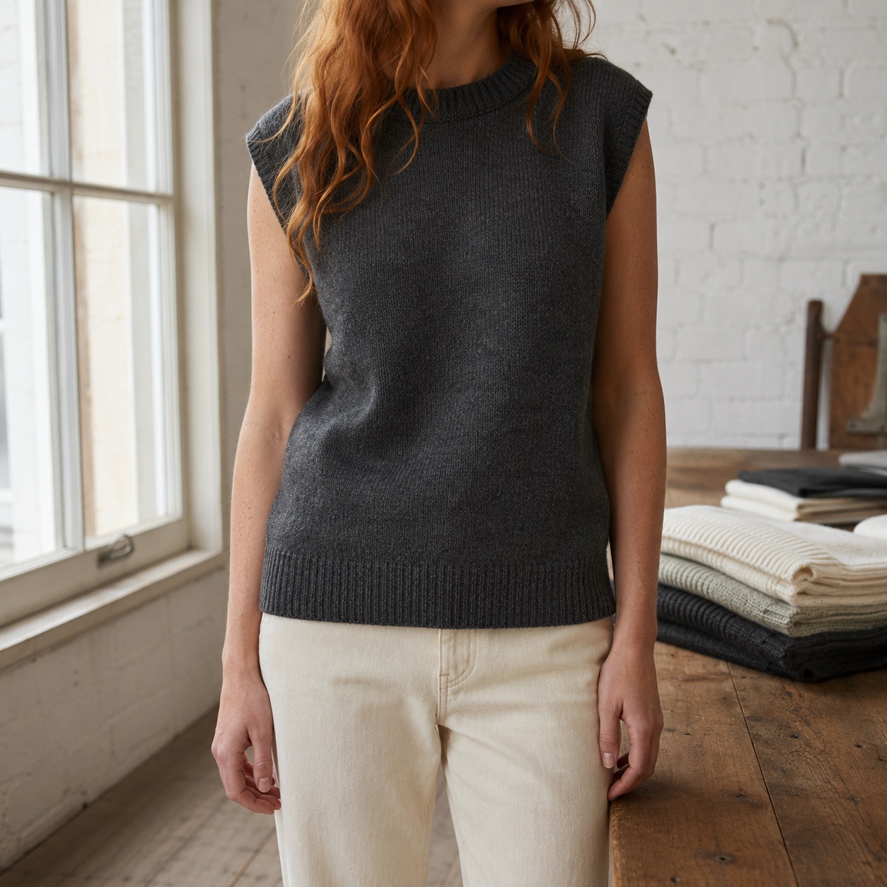 Kelmscott Sleeveless Knit Vest — WOOL BARN knitwear, product photograph
