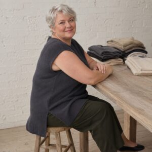 Ivel Longline Knit Vest — Knitted Vests by WOOL BARN. worn by a model.