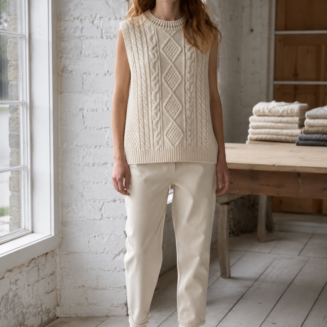 Ashcombe Cable Knit Vest — WOOL BARN knitwear, product photograph