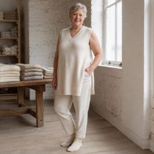 Wren Longline Knit Vest — Knitted Vests by WOOL BARN. worn by a model.